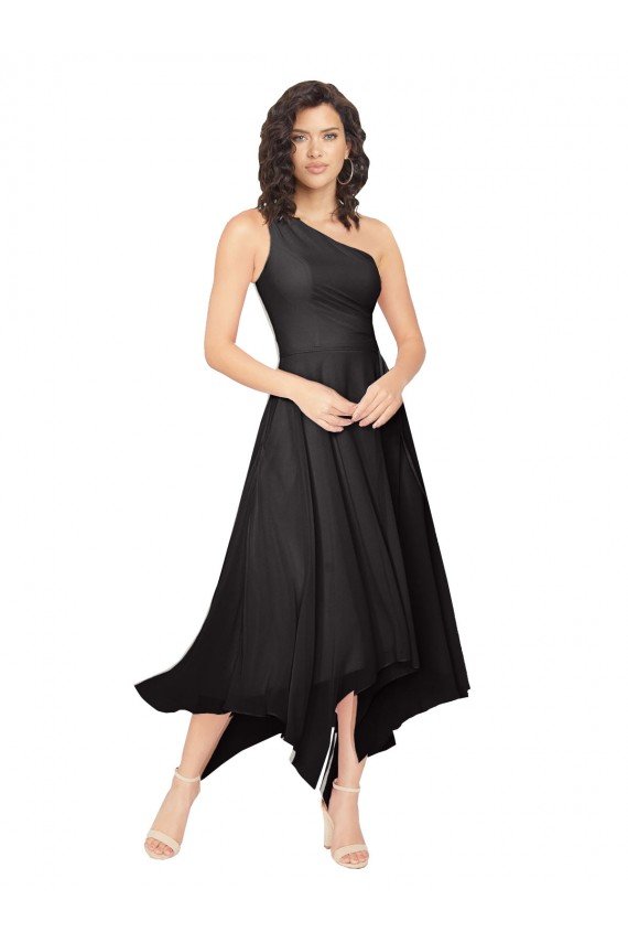 Midi Length One Shoulder Chiffon Cocktail Dress UK