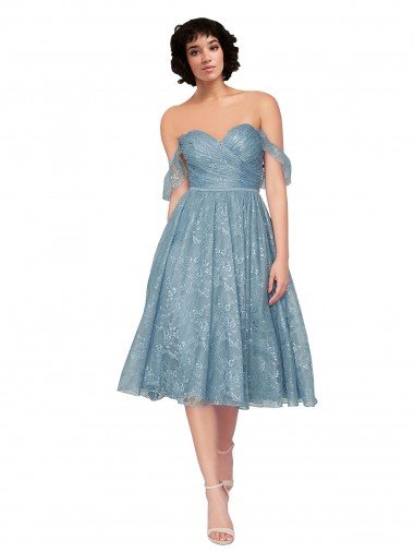 Off the Shoulder Sweetheart Chantilly Lace Midi Length Cocktail Dress UK