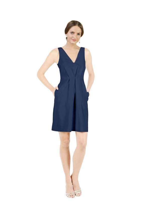 Deep V-Neck Short Knee Length Satin Cocktail Dress with Slimming Pleats UK