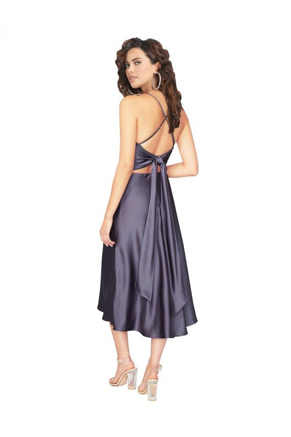 Midi Length Silky Satin Cocktail Dress with Open Tied Back UK