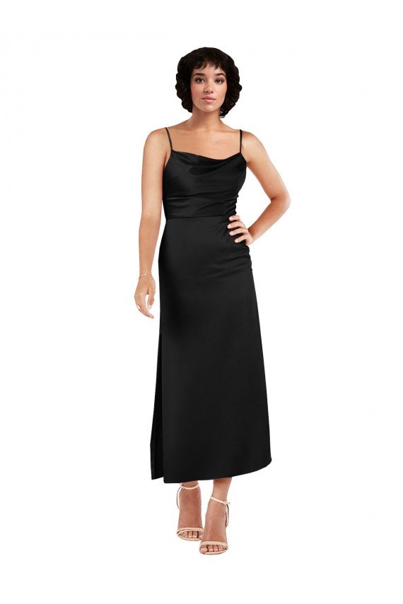 Cowl Neck Tea-Length Short Silky Satin Cocktail Dress with Skirt Slit UK