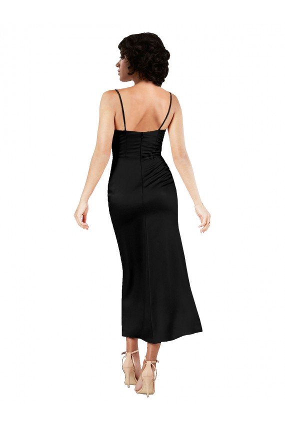 Cowl Neck Tea-Length Short Silky Satin Cocktail Dress with Skirt Slit UK