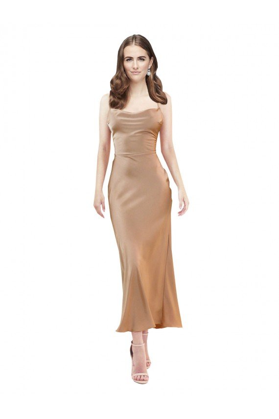 Cowl Neck Silky Satin Midi Length Cocktail Dress Low Back UK