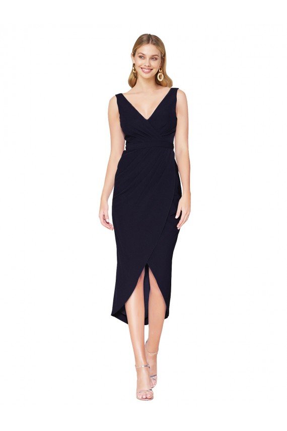 Short Knee Length V-Neck Crepe Wrap Cocktail Dress UK