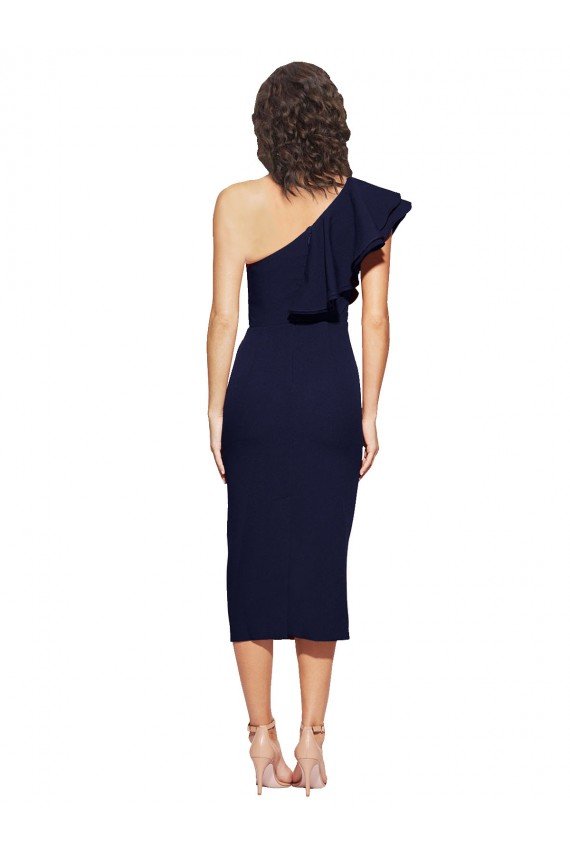 Ruched Midi Length Short Crepe Cocktail Dress with Shoulder Ruffles UK