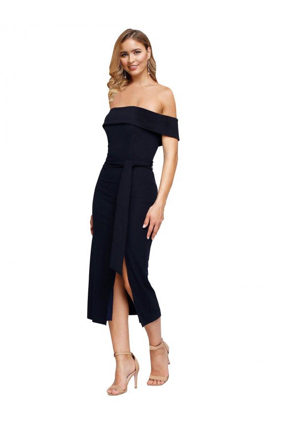 Fitted Short Midi Length Off the Shoulder Crepe Cocktail Dress with Side Split and Waist Tie UK