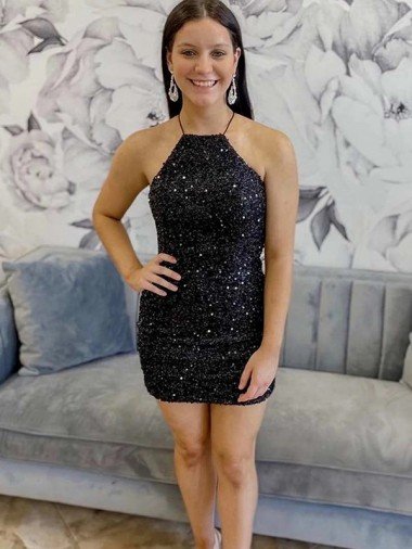 Halter Sleeveless Short Velvet Sequin Cocktail Dress UK