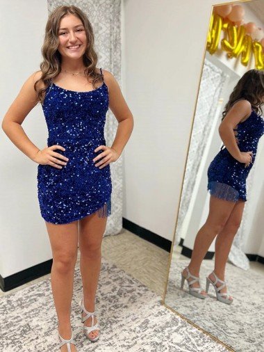 Spaghetti Straps Backless Sleeveless Short Velvet Sequin Cocktail Dress UK