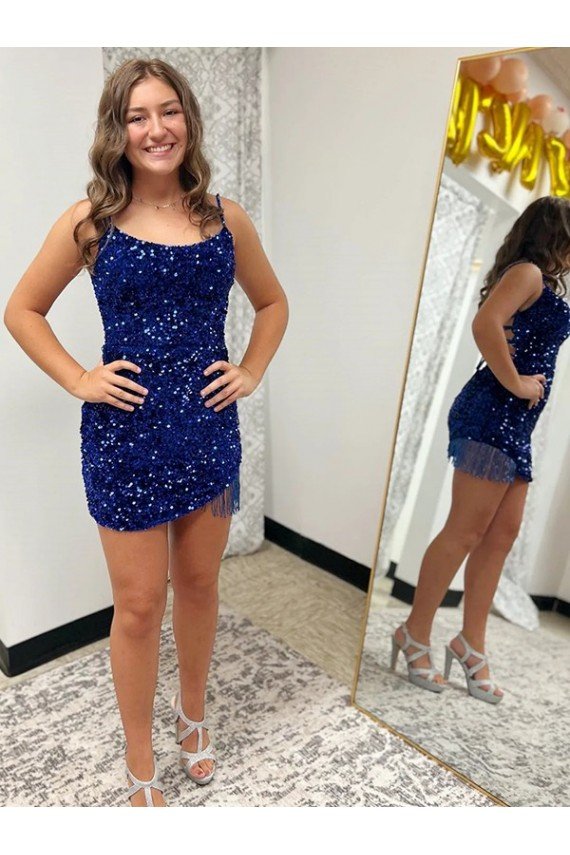 Spaghetti Straps Backless Sleeveless Short Velvet Sequin Cocktail Dress UK