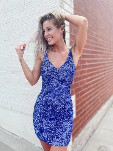 Short Velvet Sequin V-Neck Sleeveless Cocktail Dress UK