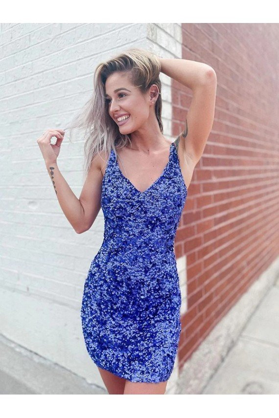 Short Velvet Sequin V-Neck Sleeveless Cocktail Dress UK