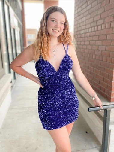 Sleeveless Short Velvet Sequin V-Neck Cocktail Dress UK