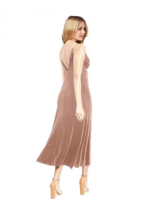 Midi Length Short V-Neck Velvet Cocktail Dress with Notched Neckline UK